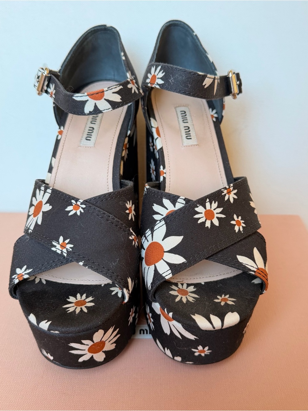 Miu Miu Black Daisy Print Gabardine Chunky Platform Sandals IT 38 NWOB - Picture 8 of 9